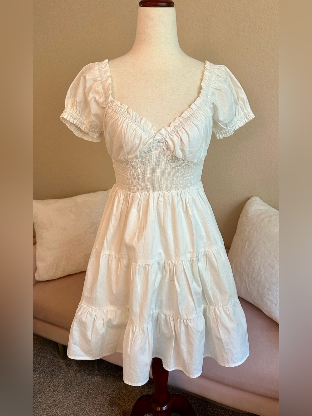 Princess Polly Daniela Mini Dress White Cotton Smocked Puff Sleeve Womens Size 4